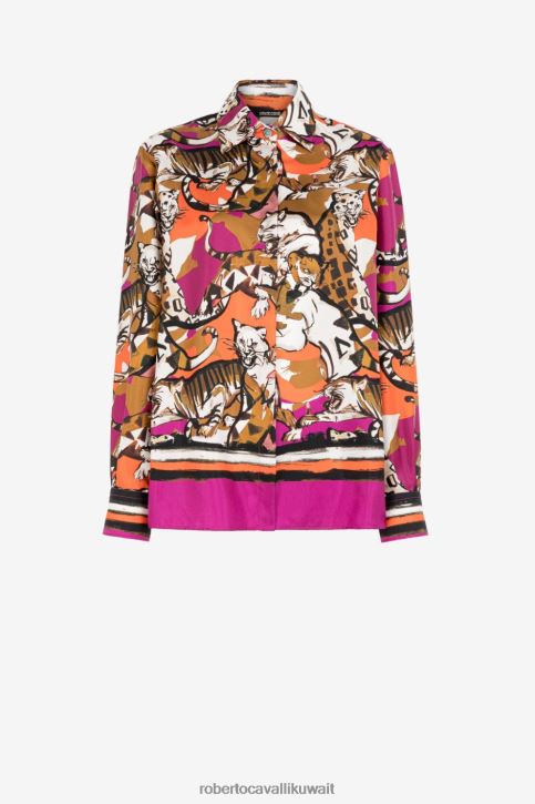 Roberto Cavalli نحيف 2038 قميص بطبعة قطة برية ملابس 4H40H147
