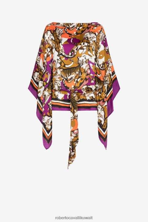 Roberto Cavalli نحيف 2038 بلوزة قفطان بطبعة قطة برية ملابس 4H40H148