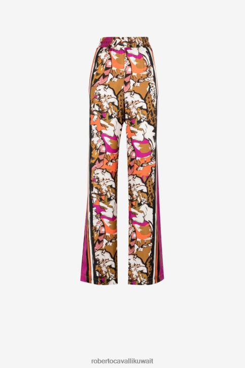 Roberto Cavalli نحيف 2038 بنطال حرير بطبعة قطة برية ملابس 4H40H253