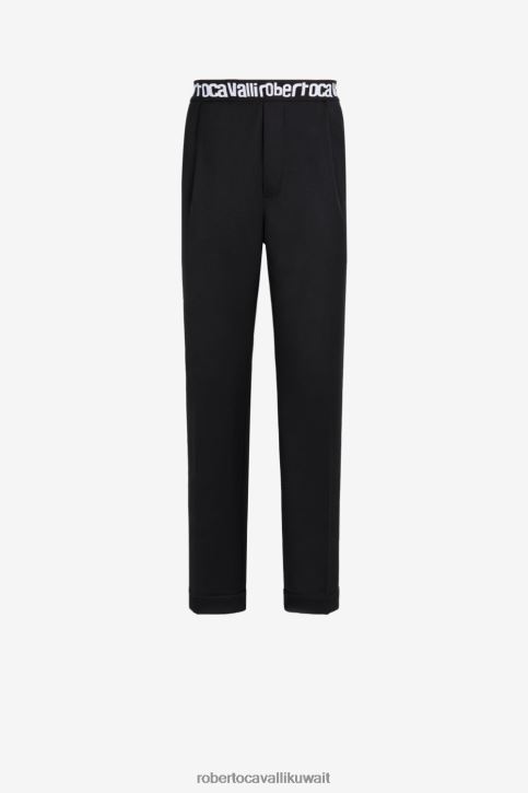Roberto Cavalli رجال أسود بنطال صوف بحزام خصر وشعار الماركة ملابس 4H40H1015