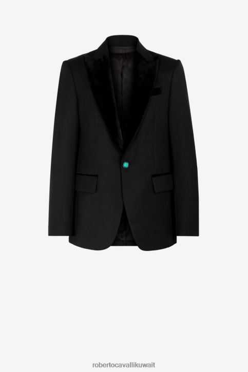 Roberto Cavalli رجال أسود بليزر صوف بأطراف مخملية ملابس 4H40H1019