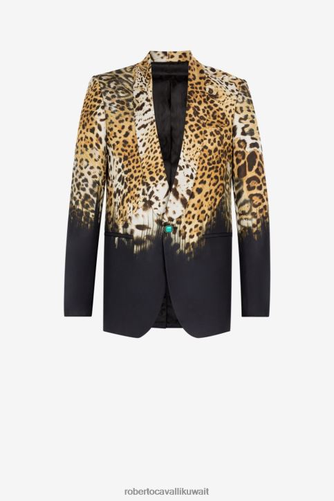 Roberto Cavalli رجال أسود بليزر حرير بطبعة جلد الفهد ملابس 4H40H1020