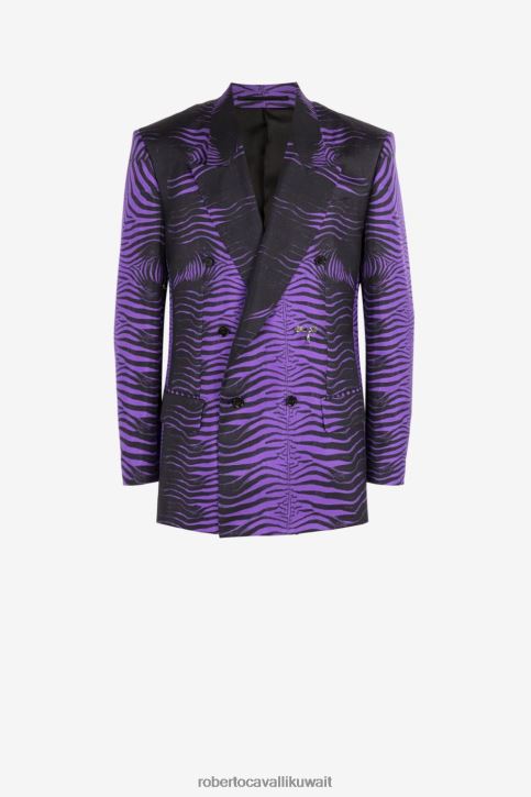 Roberto Cavalli رجال بنفسجي غامق/أسود بليزر بأزرار مزدوجة وطبعة حمار وحشي ملابس 4H40H1029
