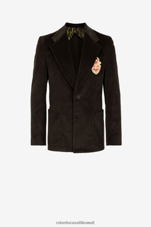 Roberto Cavalli رجال رشيقة بليزر مخملي مزخرف بشعار آر سي ملابس 4H40H1031