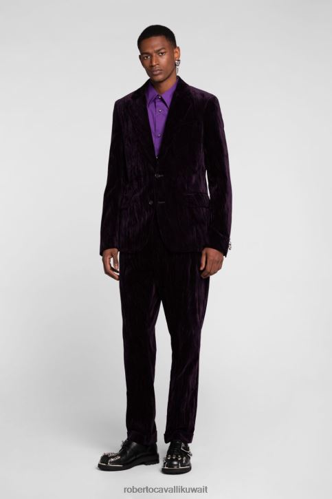 Roberto Cavalli رجال رشيقة بليزر مخملي مزخرف بشعار آر سي ملابس 4H40H1031