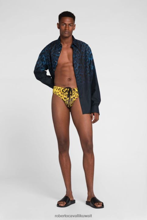 Roberto Cavalli رجال موضة شورت سباحة بطبعة شعار جاكوار وحزام خصر ملابس 4H40H1037