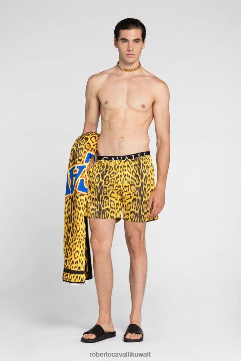 Roberto Cavalli رجال أنيق شورت سباحة برباط وطبعة جلد الفهد ملابس 4H40H1040