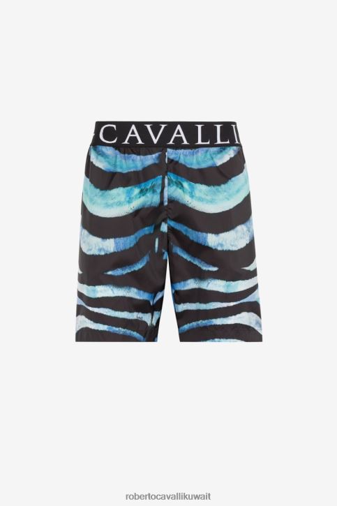 Roberto Cavalli رجال أزرق/أسود شورت سباحة بطبعة حمار وحشي ملابس 4H40H1045