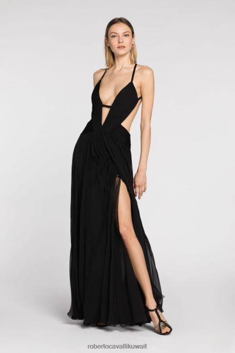 Roberto Cavalli نحيف أسود فستان ماكسي بفتحات على شكل أسنان النمر ملابس 4H40H104