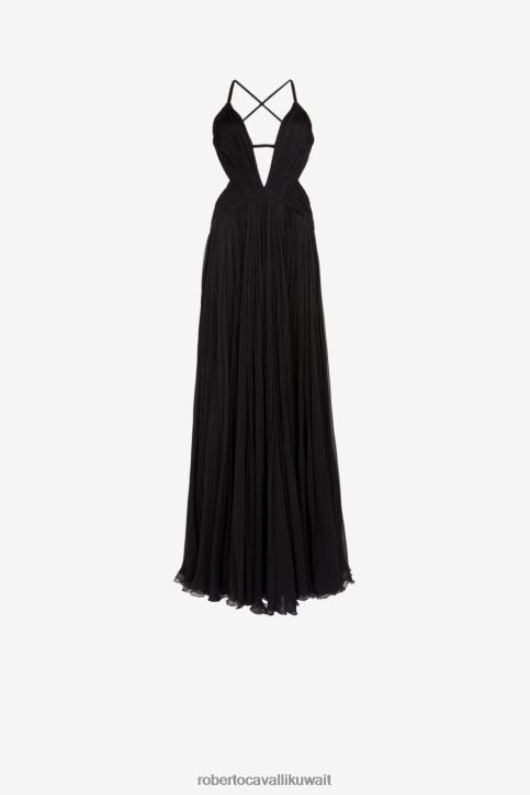 Roberto Cavalli نحيف أسود فستان ماكسي حرير بفتحات ملابس 4H40H105