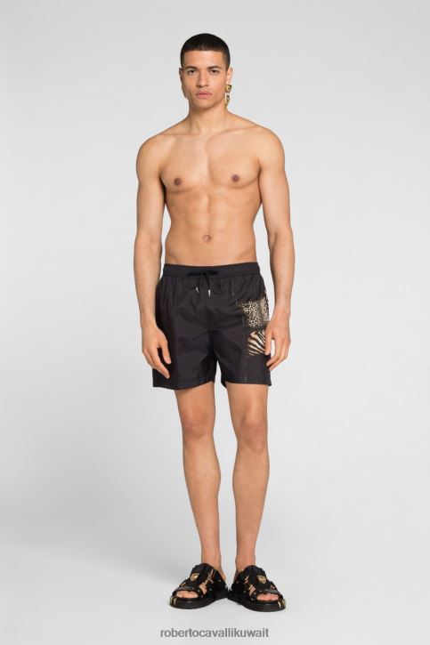 Roberto Cavalli رجال أسود شورت سباحة بطبعة تجريدية وشعار الماركة ملابس 4H40H1053