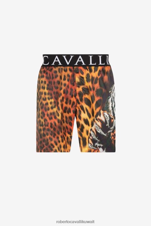 Roberto Cavalli رجال نار/أسود شورت سباحة بطبعات جاكوار وفيليكس ملابس 4H40H1058