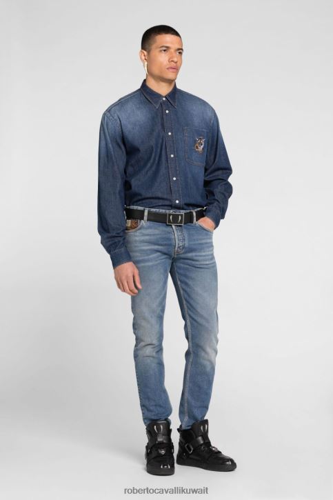 Roberto Cavalli رجال أنيق جينز بقصة مستقيمة وأبليكة شعار الماركة ملابس 4H40H1066