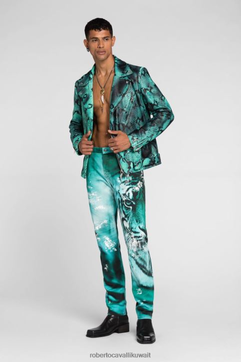 Roberto Cavalli رجال أنيق جينز ضيق بطبعة مونوغرام ملابس 4H40H1069