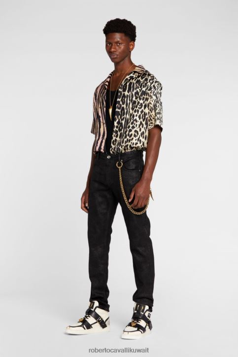 Roberto Cavalli رجال موضة جينز ضيق بطبعة جلد الثعبان ملابس 4H40H1072