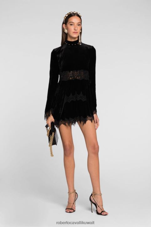 Roberto Cavalli نحيف موضة فستان مخملي مزين بالدانتيل ملابس 4H40H108