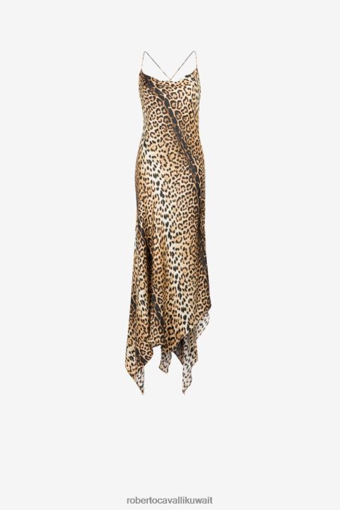 Roberto Cavalli نحيف طبيعي فستان حرير بحمالة عنق وطبعات جاكوار ملابس 4H40H11