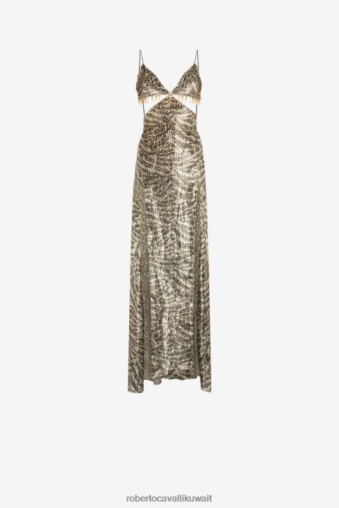 Roberto Cavalli نحيف ذهب فستان ماكسي جاكار بطبعة الحمار الوحشي ملابس 4H40H115