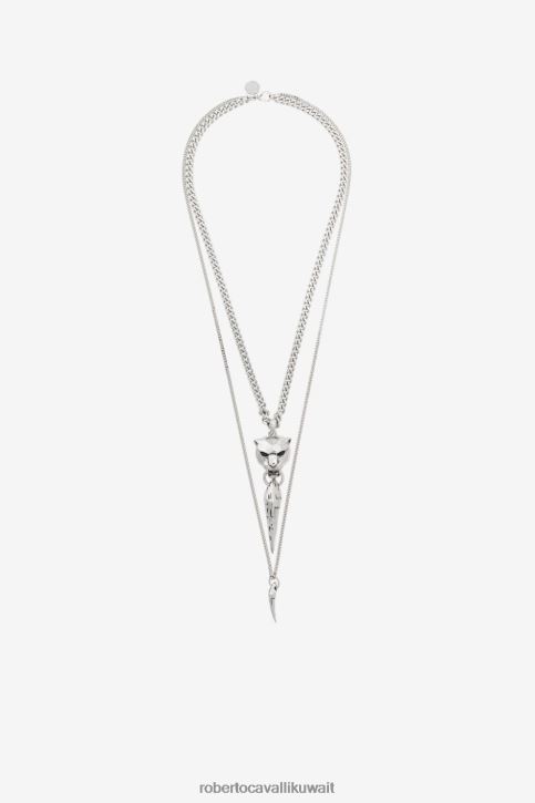 Roberto Cavalli رجال نيكل رأس النمر وقلادة أسنان النمر مُكَمِّلات 4H40H1158