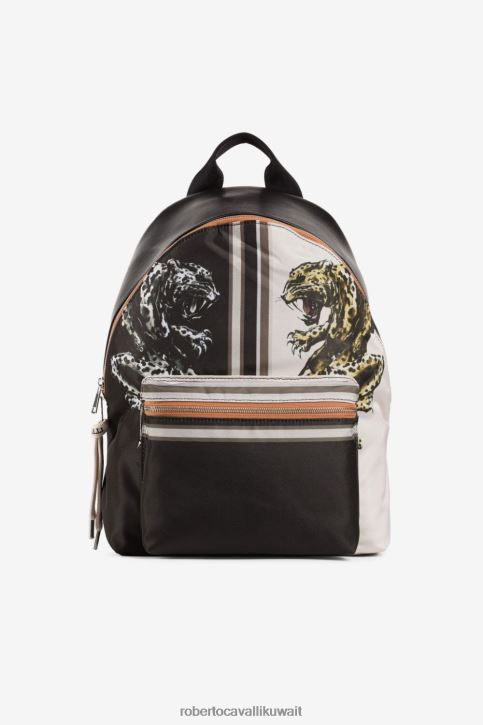 Roberto Cavalli رجال أسود حقيبة ظهر بطبعات جاكوار وخطوط مُكَمِّلات 4H40H1184