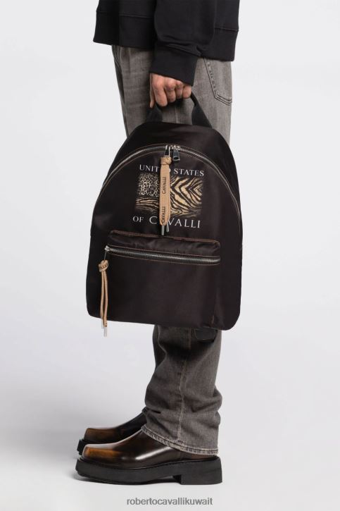 Roberto Cavalli رجال أسود حقيبة ظهر بطبعات جاكوار وخطوط مُكَمِّلات 4H40H1184