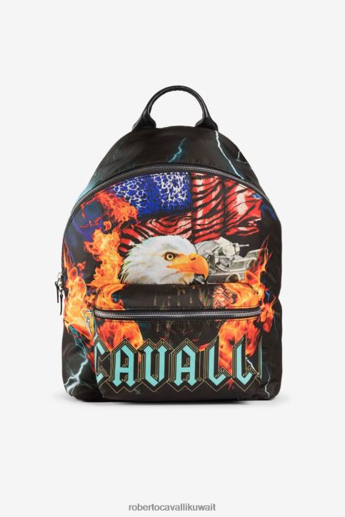 Roberto Cavalli رجال ابيض اصفر حقيبة ظهر جلدية بطبعة تجريدية مُكَمِّلات 4H40H1205