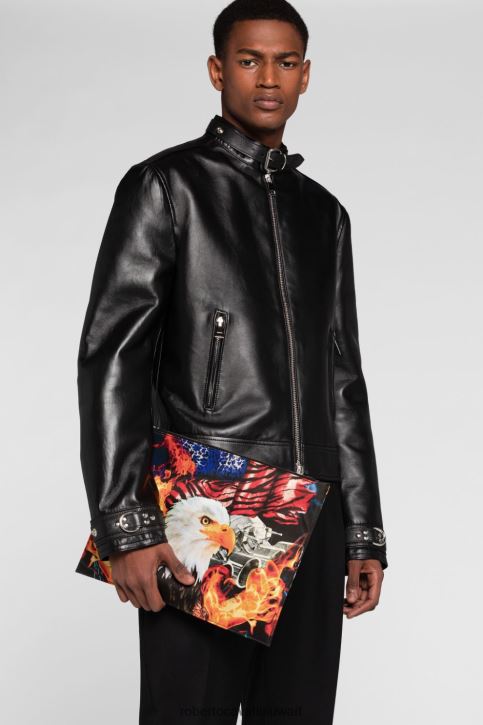 Roberto Cavalli رجال ابيض اصفر حقيبة ظهر جلدية بطبعة تجريدية مُكَمِّلات 4H40H1205