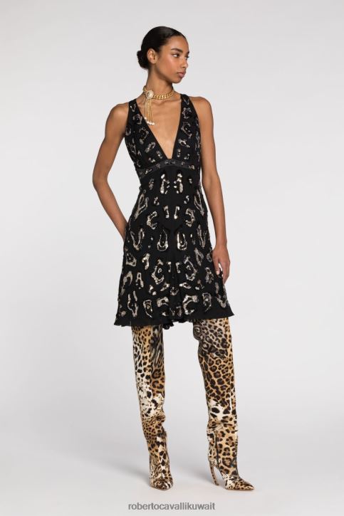 Roberto Cavalli نحيف موضة فستان بطبعة جلد الثعبان وقلادة على شكل أسنان النمر ملابس 4H40H121