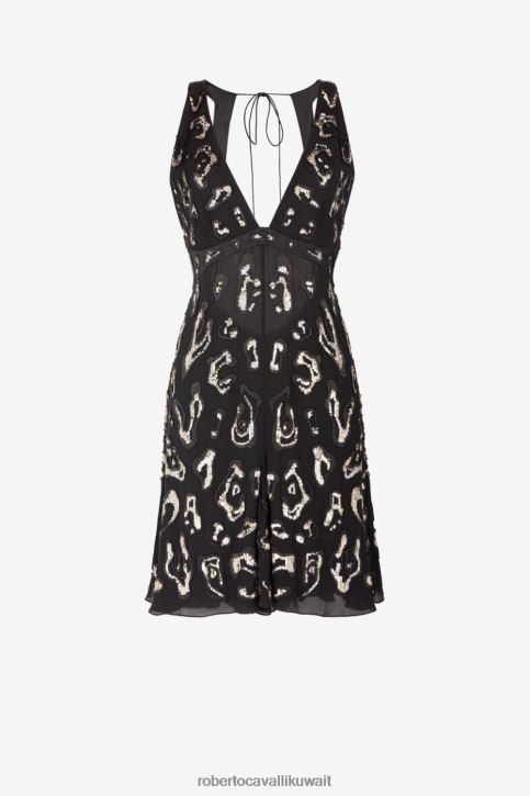 Roberto Cavalli نحيف أسود فستان قصير من الحرير مزين بالترتر ملابس 4H40H122