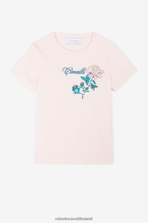 Roberto Cavalli فتيات لون القرنفل تي شيرت قطن مطرز بالزهور ملابس 4H40H1263