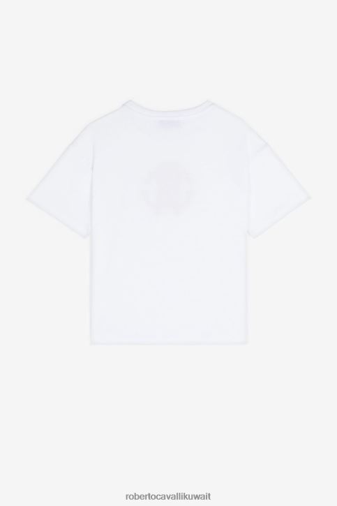 Roberto Cavalli فتيات قبالة الأبيض تيشيرت قطن بشعار الماركة ومطرز بالزهور ملابس 4H40H1271