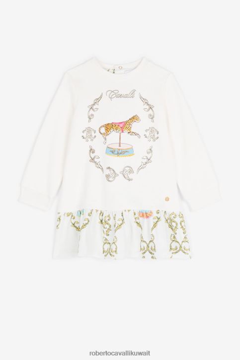 Roberto Cavalli فتيات بيانكو فستان بطباعة مونوغرام آر سي وطباعة تخريمية ملابس 4H40H1277