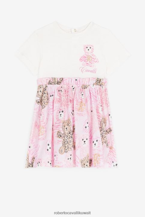 Roberto Cavalli فتيات أبيض وردي فستان من القطن بطبعة دمية دب ملابس 4H40H1285