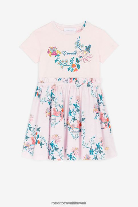 Roberto Cavalli فتيات لون القرنفل فستان من القطن بطبعات جاكوار وزهور ملابس 4H40H1290