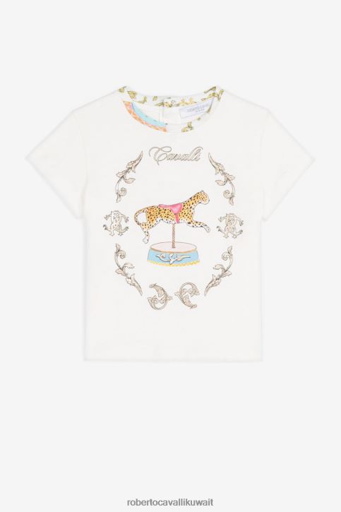 Roberto Cavalli فتيات أبيض تيشيرت بطبعة جاكوار وتخريم ملابس 4H40H1294