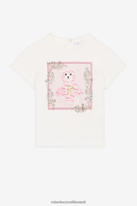Roberto Cavalli فتيات بيانكو تيشيرت قطن بطبعة دمية دب ملابس 4H40H1296