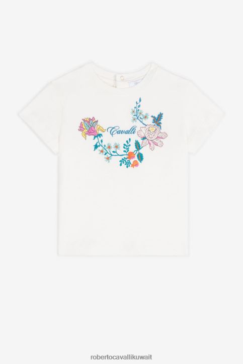 Roberto Cavalli فتيات بيانكو تي شيرت قطن مطرز بالزهور ملابس 4H40H1299