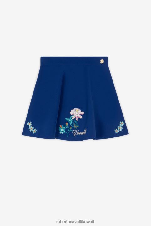 Roberto Cavalli فتيات أزرق غامق تنورة مطرزة بالأزهار ملابس 4H40H1300