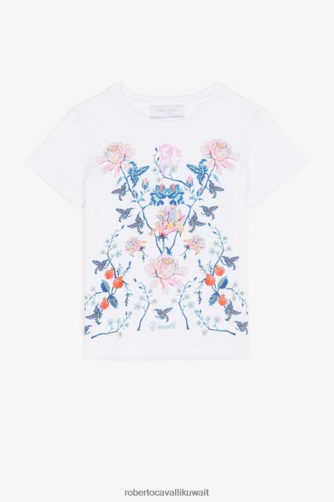 Roberto Cavalli فتيات قبالة الأبيض تي شيرت قطن بطبعة زهور ملابس 4H40H1301