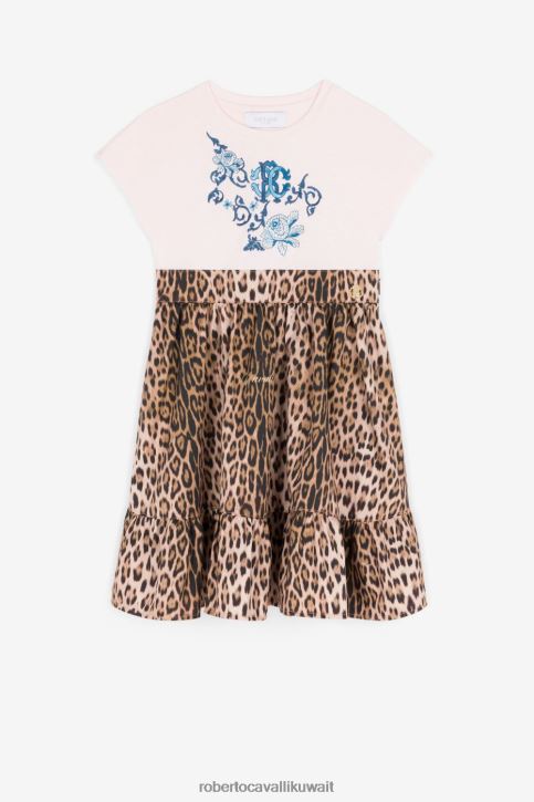 Roberto Cavalli فتيات لون القرنفل فستان من القطن بطبعة جلد الفهد ملابس 4H40H1312