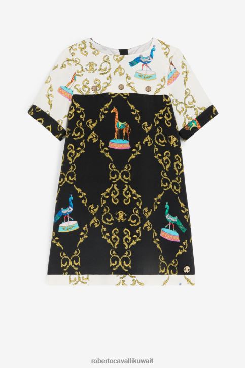 Roberto Cavalli فتيات أسود/أبيض فستان حرير بطبعة تخريمية ملابس 4H40H1314