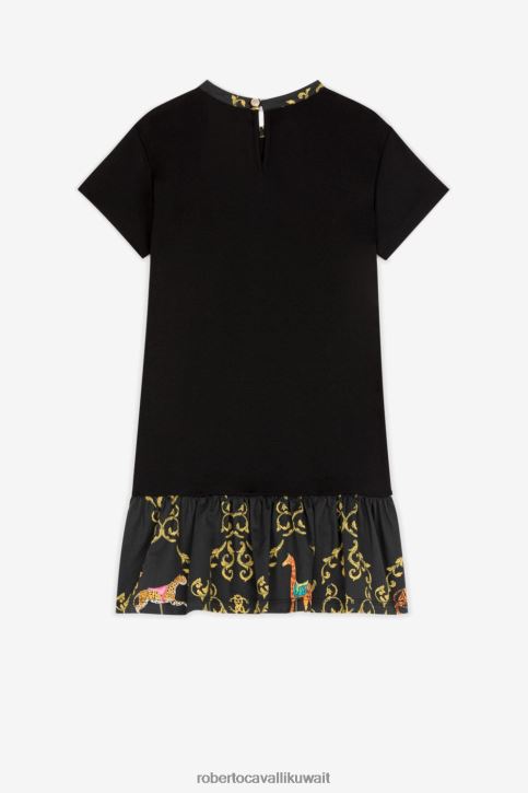Roberto Cavalli فتيات أسود/أبيض فستان حرير بطبعة تخريمية ملابس 4H40H1314