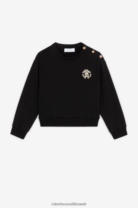 Roberto Cavalli فتيات أسود سويت شيرت من القطن بتطريز مونوغرام ملابس 4H40H1318