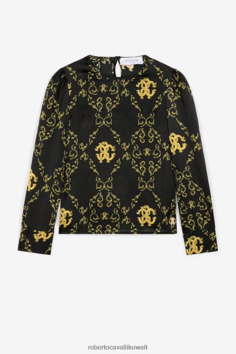 Roberto Cavalli فتيات أسود بلوزة حرير بطبعة تخريمية ملابس 4H40H1319