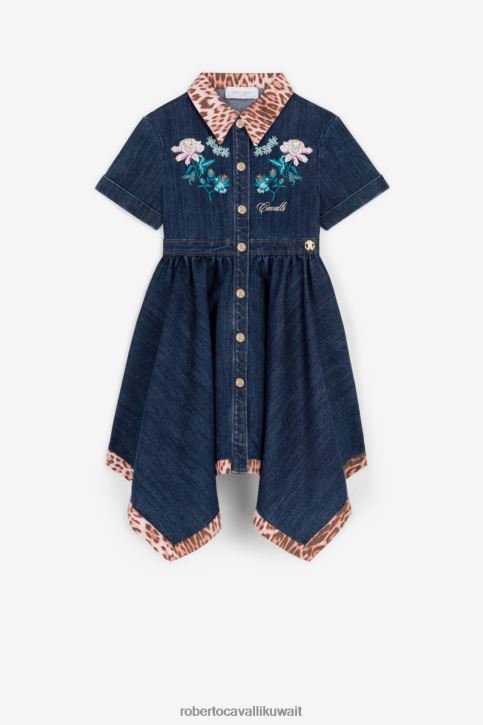 Roberto Cavalli فتيات ازرق متوسط فستان جينز مطرز بالزهور ملابس 4H40H1333
