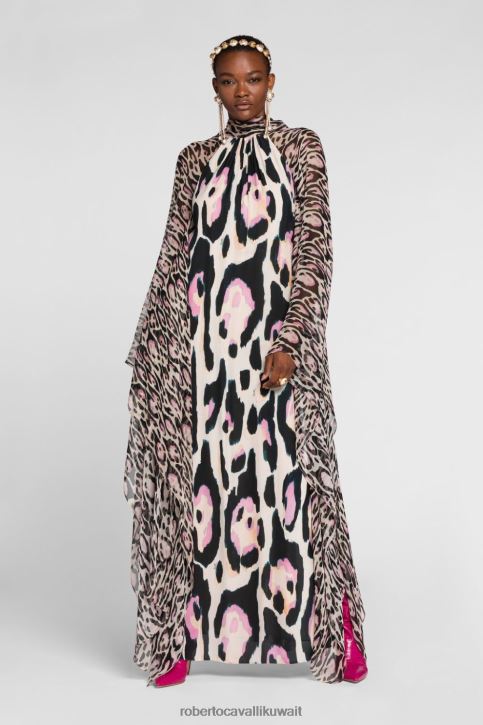 Roberto Cavalli نحيف روسو فويغو فستان حرير برأس النمر مزين بالكريستال ملابس 4H40H133