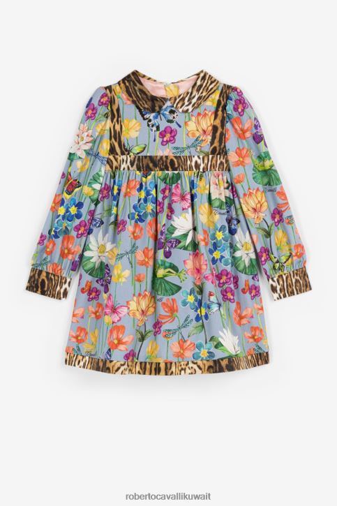 Roberto Cavalli فتيات مسحوق أزرق/المنصة فستان حرير بطبعات زهور وأسلوت ملابس 4H40H1378