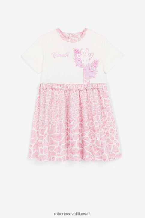Roberto Cavalli فتيات أبيض فستان بطبعة شعار الماركة والزرافة ملابس 4H40H1380