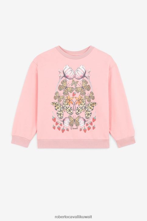 Roberto Cavalli فتيات سيدة الوردي كنزة بطبعة فراولة وفراشة وشعار الماركة ملابس 4H40H1385