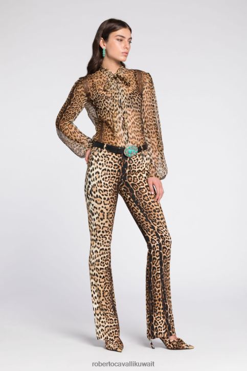 Roberto Cavalli نحيف طبيعي قميص بأهداب بطبعة النمر ملابس 4H40H139